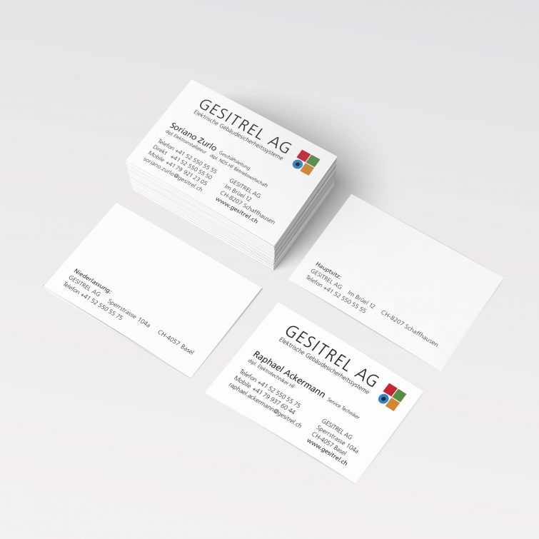 Design für die Visitenkarten von Gesitrel für den Hauptsitz und die Filiale in Basel