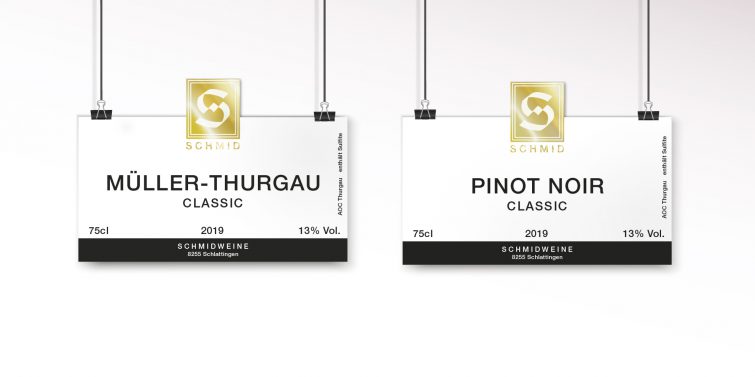 Design der Etiketten für Müller-Thurgau Classic und Pinot Noir Classic von Schmidweine