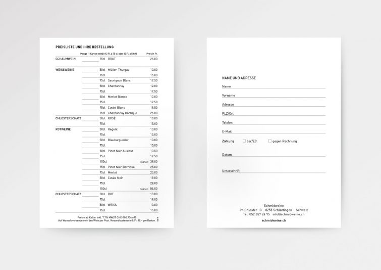 Design der Preisliste von Schmidweine