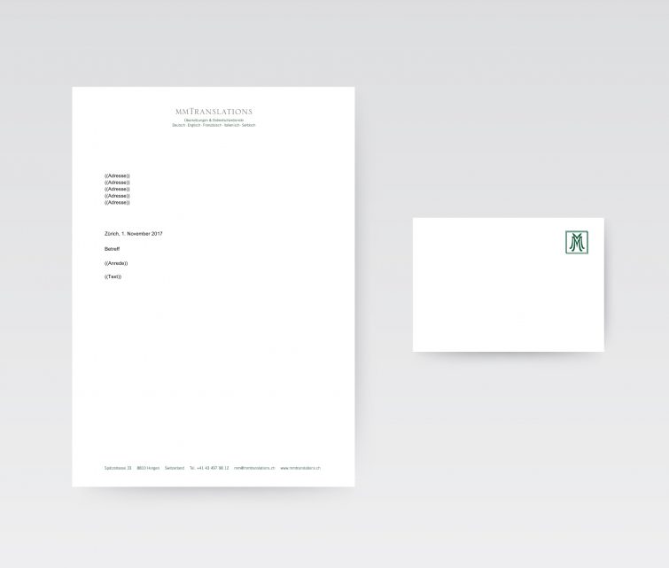 Design von Briefpapier und Beilagekarte für mm Translations