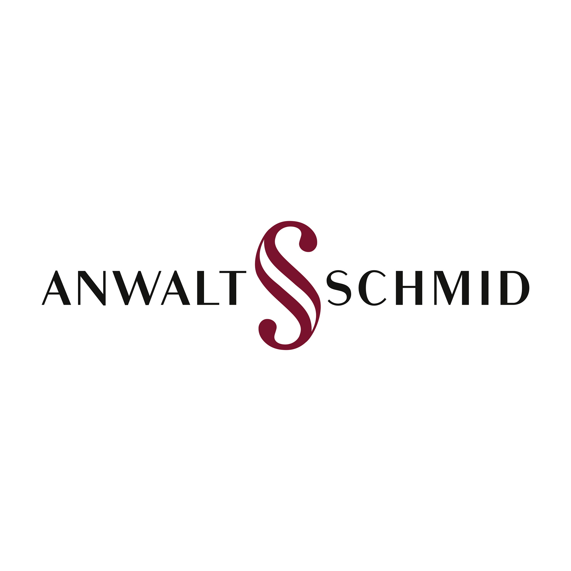 Logo von Anwalt Schmid in Schaffhausen als schwarzer Schriftzug mit einem symbolisierten S zwischen den beiden Wörtern in Bordeaux