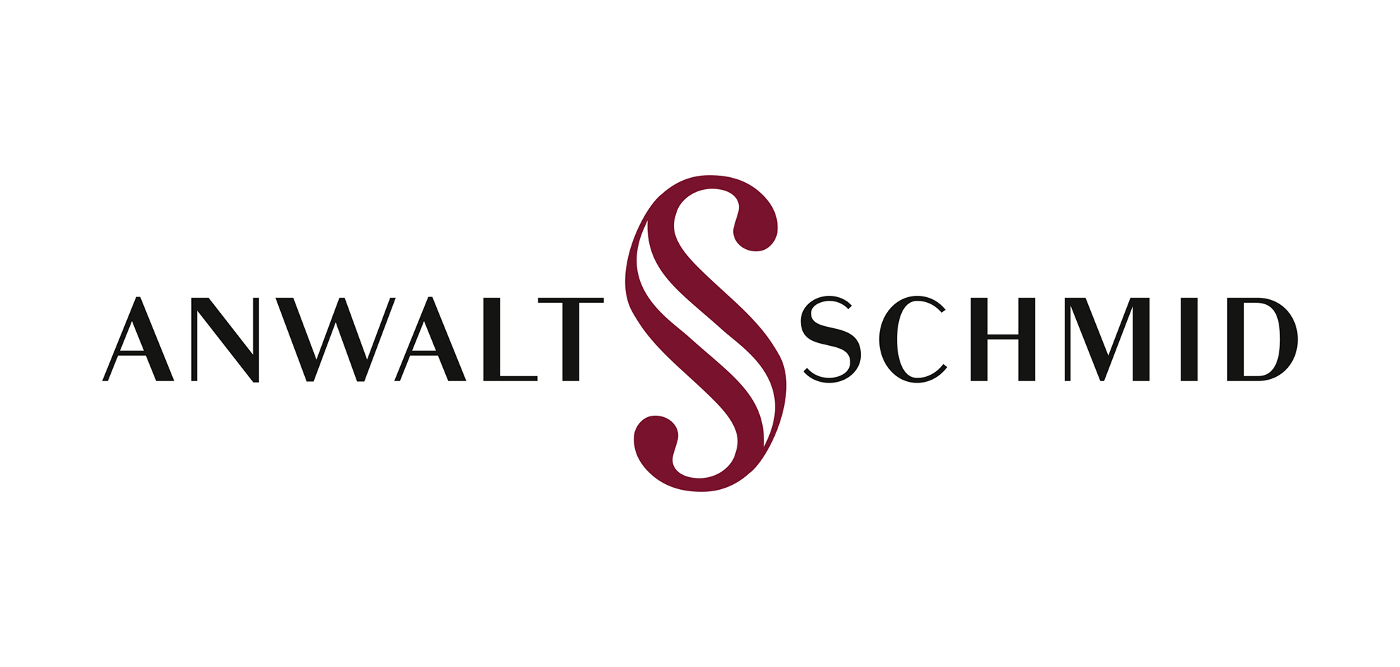 Logo von Anwalt Schmid in Schaffhausen als schwarzer Schriftzug mit einem symbolisierten S zwischen den beiden Wörtern in Bordeaux
