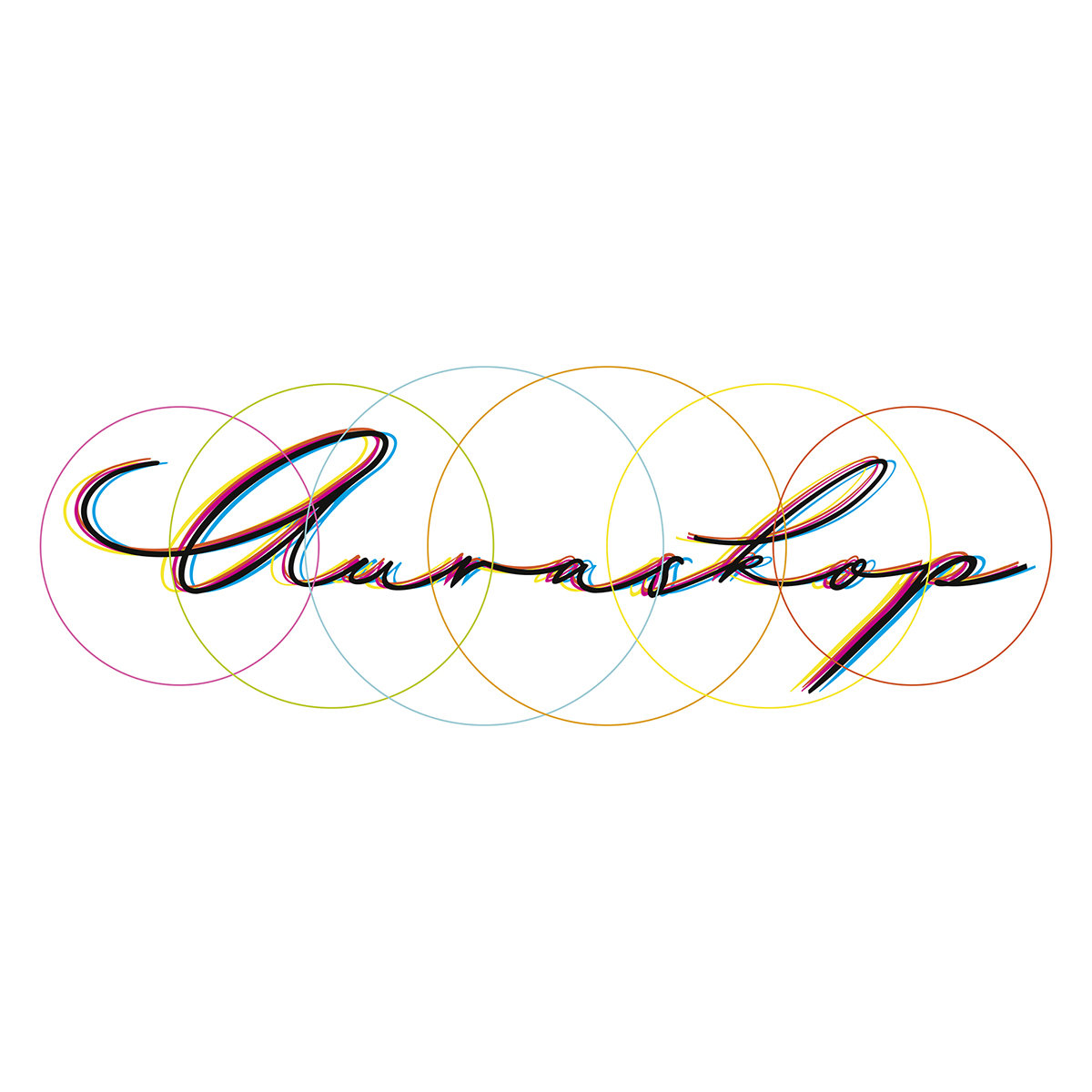 ineinander verschlungene farbige Kreise mit darüberliegendem Schriftzug in Schreibschrift als Logo von Auraskop