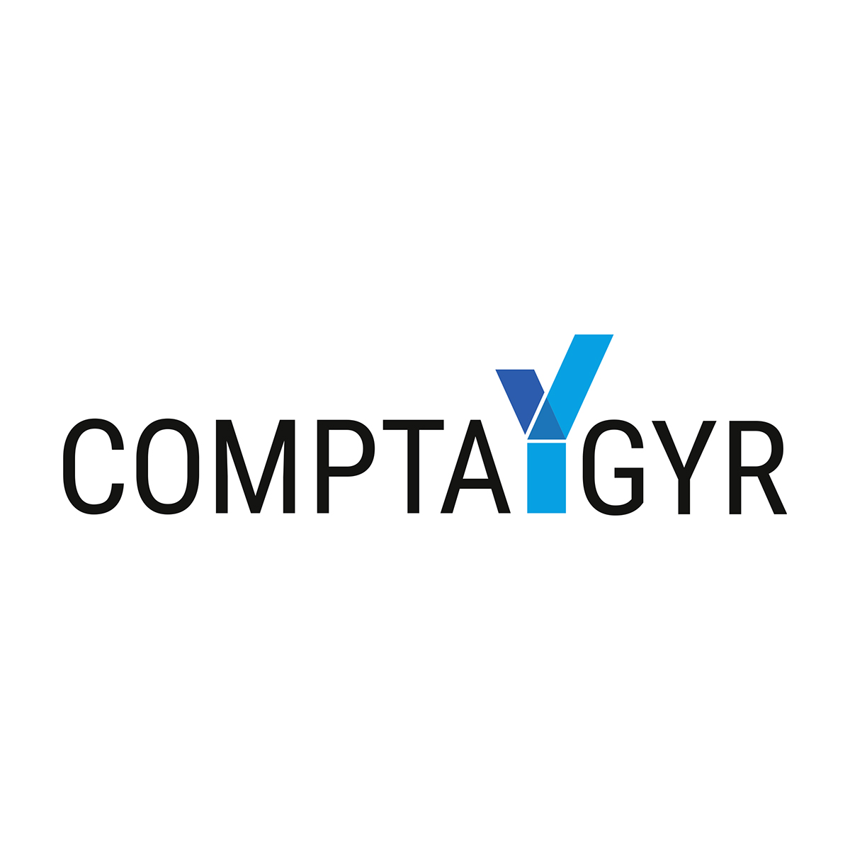 Logo von Compta-Gyr mit Grossbuchstaben als Schriftzug und übergrossem Ypsilon mit bauen Flächen dargestellt zwischen den beiden Wörtern