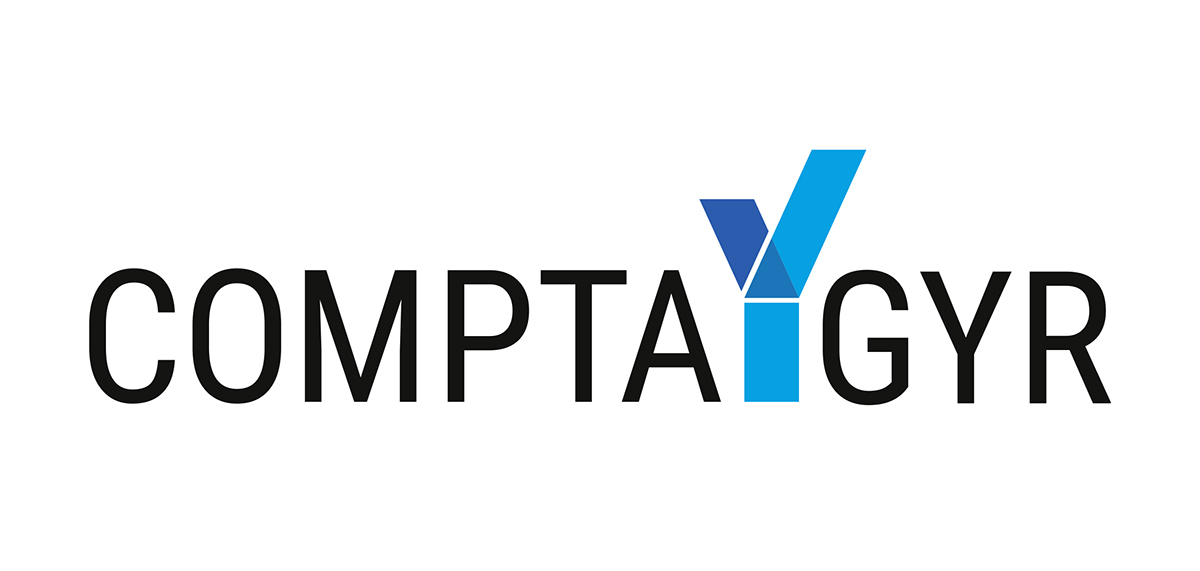 Logo von Compta-Gyr mit Grossbuchstaben als Schriftzug und übergrossem Ypsilon mit bauen Flächen dargestellt zwischen den beiden Wörtern
