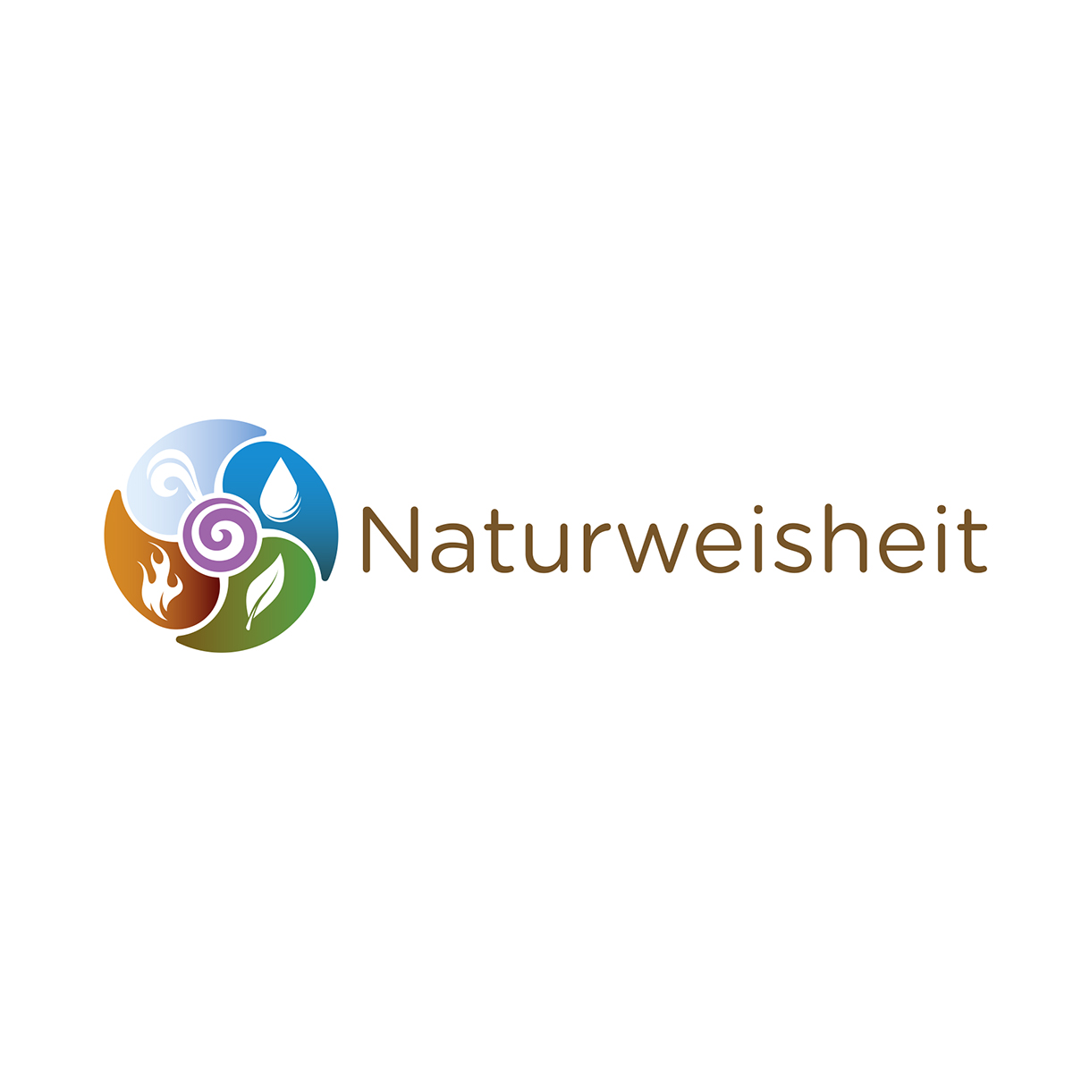 Graphik mit Kreisfeldern mit Gaphiken der vier Elemente angeordnet um eine violette Spirale, kombiniert mit dem Schriftzug als Logo von Naturweisheit