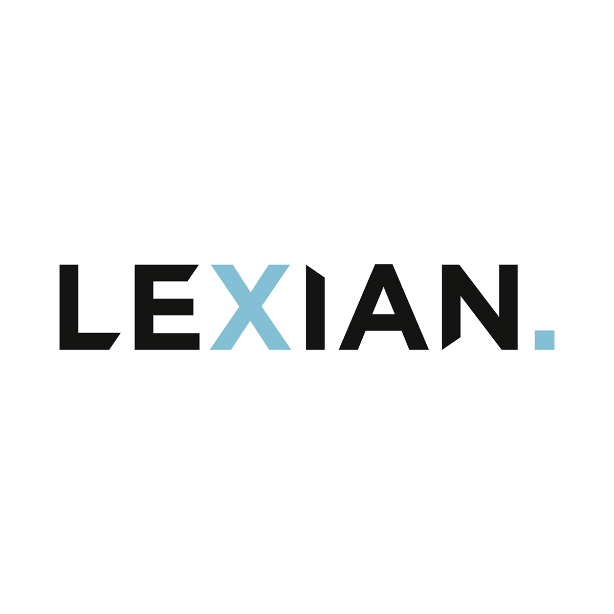 Schriftzug in Grossbuchstaben in schwarz und mit türkisgrünem X als Logo von Lexian