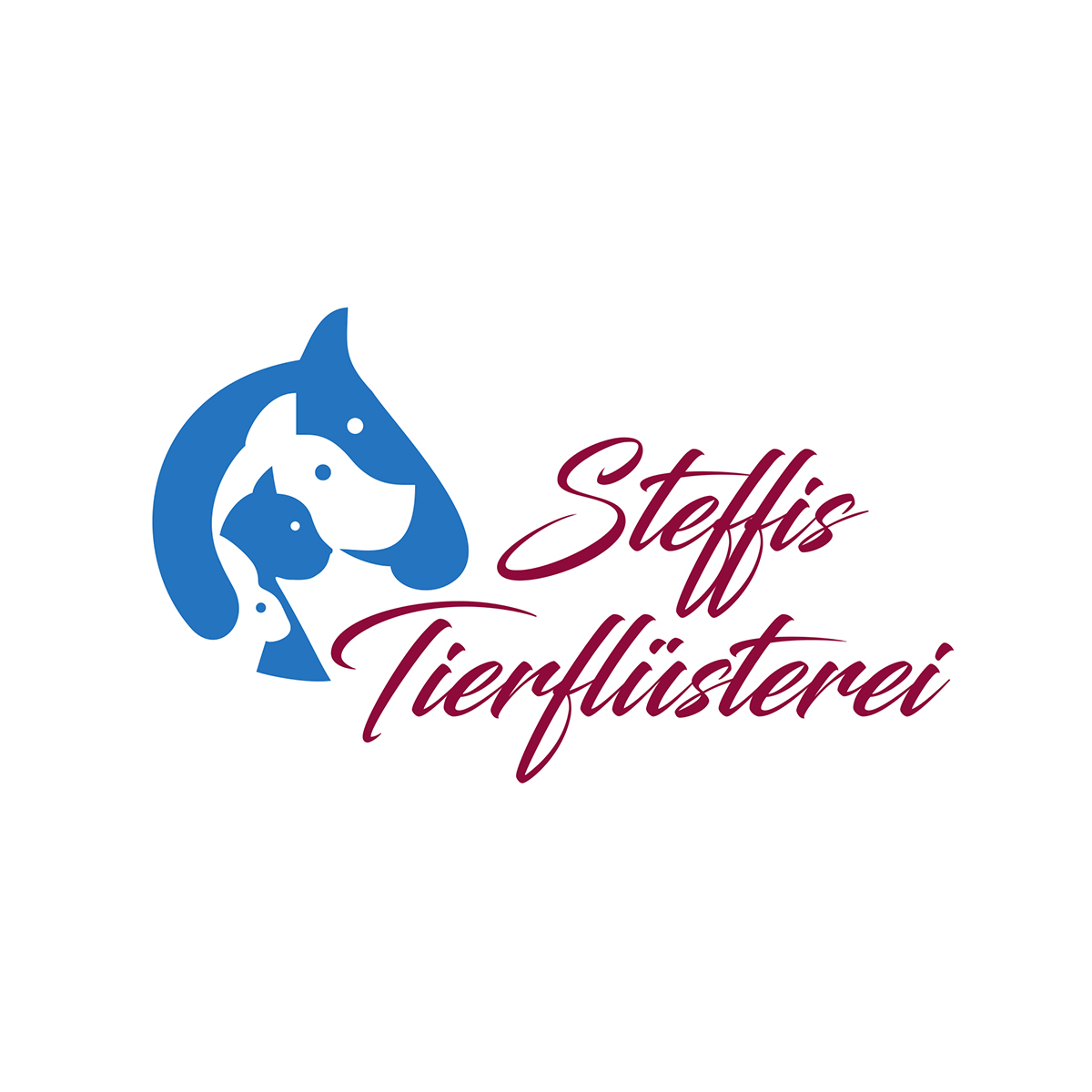 Logo von Steffis Tierflüsterei mit blauer Grafik mit übereinandergelagerten stilisierten Tierköpfen in Blau und dem Schriftzug in dunkelroter Schreibschrift