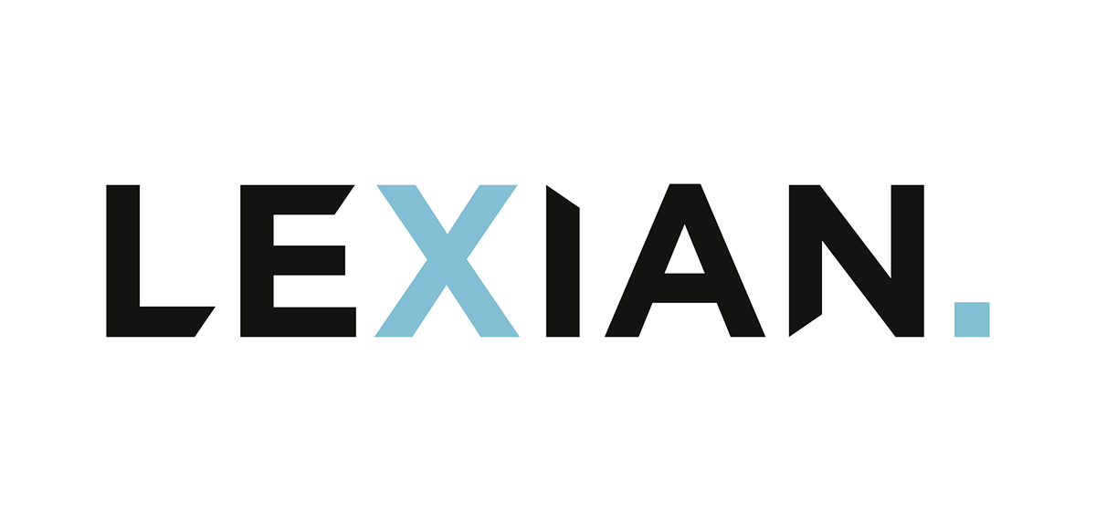 Schriftzug in Grossbuchstaben in schwarz und mit türkisgrünem X als Logo von Lexian