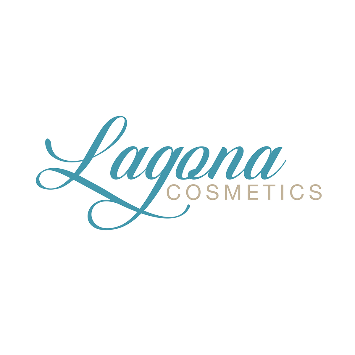 Schriftzug Lagona als Schreibschrift in Petrolgrün kombiniert mit Cosmetics in modernen Grossbuchstaben in Beige als Logo von Lagona Cosmetics