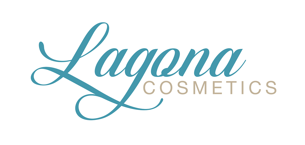 Schriftzug Lagona als Schreibschrift in Petrolgrün kombiniert mit Cosmetics in modernen Grossbuchstaben in Beige als Logo von Lagona Cosmetics