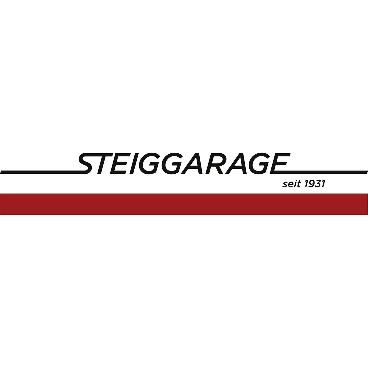 Schriftzug von Steiggarage mit dem Zusatz "seit 1931" und einem dunkelroten breiten Streifen unter der ganzen Länge des Schriftzugs