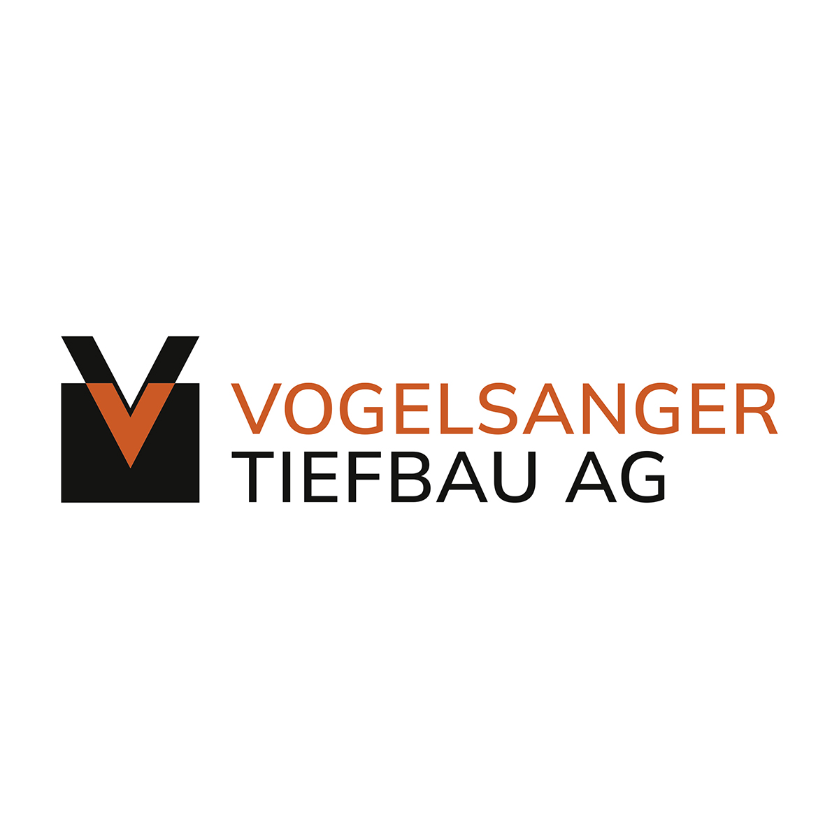 Graphik mit einem V in Orange das halb in einem schwarzen Rechteck steckt, kombiniert mit dem Schriftzug in Orange und Schwarz als Logo von Vogelsanger Tiefbau