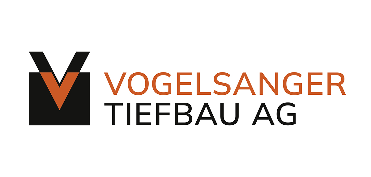 Graphik mit einem V in Orange das halb in einem schwarzen Rechteck steckt, kombiniert mit dem Schriftzug in Orange und Schwarz als Logo von Vogelsanger Tiefbau